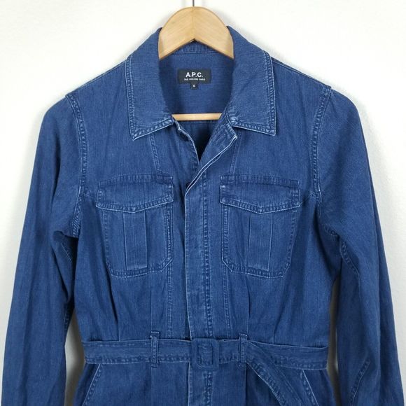 A.P.C. Indigo Chambray Denim Minimalist Cotton Knee Length Belted Shirt Dress M - Picture 9 of 13